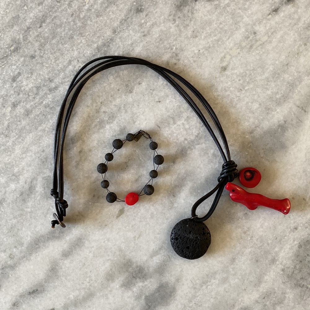 Coral and Lava statement necklace with matching bracelet